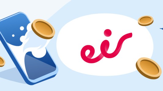 Image of Eir logo alongside a mobile and coins